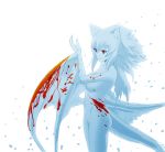  1girl animal_ears anthro anthrofied bad_id blood blue_skin capcom cat_ears humanized long_hair monochrome monster_hunter nargacuga naruga navel nude red_eyes solo spot_color tail wings yasu yasuyuki 