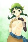  1girl bandanna blush braid breasts brown_eyes brown_hair elbow_gloves fire_emblem fire_emblem:_rekka_no_ken fire_emblem_blazing_sword flat_chest gloves green_eyes green_hair michael rebecca_(fire_emblem) small_breasts solo topless twin_braids twintails 