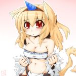  1girl animal_ears bad_id belt blonde_hair breasts capcom cat_ears cat_tail erect_nipples hairband horn horns kemonomimi_mode kirin kirin_(armor) monster_hunter red_eyes reku solo tail 