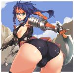 1girl :o angry aqua_eyes armor armpits ass bangs bent_over black_gloves blue_hair boyshorts braid breasts capcom chain chains cliff cloud fighting_stance forehead_protector foreshortening from_behind gloves headband hijiri holding huge_ass kuroobi kuroobi_(armor) long_hair looking_at_viewer looking_back monster_hunter no_bra open_mouth outdoors outside ponytail porori shield shorts sideboob sky solo spikes strap striped sword thighhighs twin_braids weapon