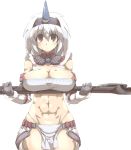  1girl abs breast_lift breasts capcom female gloves hairband horn horns huge_breasts kirin kirin_(armor) loincloth monster_hunter muscle red_eyes solo tokyo_(great_akuta) white_hair 