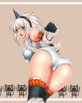 1girl ass blue_eyes capcom elbow_gloves felyne gloves hairband horn horns kirin kirin_(armor) looking_back monster_hunter open_mouth panties pantyshot rokuichi silver_hair solo thighhighs trefoil underwear