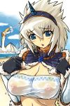 1girl bandeau beach blue_eyes blush breasts capcom cleavage hairband horn kirin kirin_(armor) michael monster_hunter nipples plesioth see-through solo wet