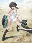 apron axe black_hair boots breasts capcom cleavage desert double_bladed_axe large_breasts monster_hunter naked_apron orange_eyes panties rasukaru rasukaru_(pixiv74058) sand shield short_hair striped striped_panties underwear weapon