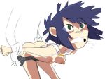 1boy 1girl areolae eyebrows faceless_male from_behind gorillaz green_eyes holding_arms nipples noodle_(gorillaz) pale_skin purple_hair shirt_up short_hair skirt_down small_breasts white_background