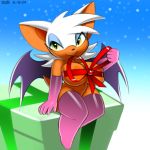 1girl 1girl 2016 anthro areola bat big_breasts breasts christmas clothing furry gloves green_eyes holidays legwear looking_at_viewer makeup mammal ribbons rouge_the_bat sega smile stockings video_games xylas