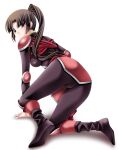 1girl 1girl armor ass black_bodysuit black_eyes black_hair blush bodysuit breasts brown_eyes brown_hair full_body inuyasha long_hair looking_at_viewer looking_back ninja parted_lips ponytail sango simple_background tamamon white_background