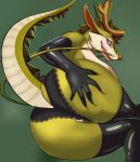 1girl 1girl antlers ass ass big_ass blush breasts dragon gloves green_skin hand_on_butt latex looking_at_viewer mane presenting presenting_hindquarters reptile scalie seductive simple_background stockings topless underwear voluptuous whiskers white_eyes