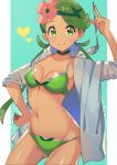 1girl bikini blue_background bra breasts cleavage cute dark_skin eyebrows_visible_through_hair flower flower_on_head green_bikini green_eyes green_hair hachirobe hair_flower hair_ornament hand_on_hip headband heart hips hood hoodie ladle looking_at_viewer mallow mallow_(pokemon) mao_(pokemon) medium_breasts navel panties pokemon pokemon_(anime) pokemon_(game) pokemon_sm shiny shiny_skin smile solo spoon stomach swimsuit trial_captain twintails underwear