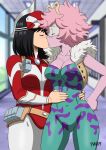  2_girls ashido_mina baseball_cap big_breasts black_hair bluah bodysuit cleavage closed_eyes collarbone couple duo hat horns hugging hugging indoors kissing kodai_yui love mask medium_breasts mina_ashido multiple_girls mutual_yuri my_hero_academia neck padm pink_hair pink_skin short_hair skin_tight standing yui_kodai yuri 