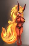 1_girl anthro big_breasts bikini breasts clothing eeveelution flareon furry hair huge_breasts long_hair looking_at_viewer nintendo nipple_bulge pokémon sling_bikini smile standing swimsuit video_games wide_hips wouhlven xaenyth_(artist)