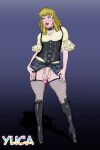 androgynous blonde_hair blue_eyes collar curly_hair dawn_(oc) earrings femboy fishnets knee_boots original_character trap yuca