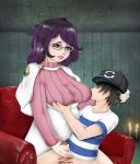 aether_foundation big_breasts bottomless breast_grab breast_hold breast_sucking breasts censored chair glasses green_eyes handjob nursing_handjob pokemon pokemon_(game) pokemon_sm sun_(pokemon) sun_(trainer) wicke