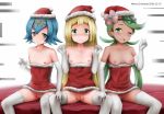 3_girls 3girls blush breasts christmas embarrassed lana lillie lillie_(pokemon) looking_at_viewer mallow mallow_(pokemon) mao_(pokemon) multiple_girls no_bra no_panties pokemon pokemon_sm santa_hat santa_outfit suiren_(pokemon) wavy_mouth