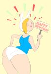 1girl adventure_time ass big_breasts black_eyes blonde_hair blush breasts bulumble-bee bunny_ears butt_slap cartoon_network clothing fionna_the_human gif huge_ass jiggle looking_at_viewer panties sign simple_background smile text thick_thighs tongue wide_hips