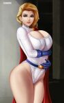 big_breasts blonde_hair breasts dc_comics flowerxl justice_society_of_america kara_zor-l karen_starr looking_at_viewer massive_breasts power_girl superman_(series)