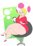 1girl ass black_eyes blonde_hair blush breasts bulumble-bee chair cleavage clipboard clothing collarbone frown glasses huge_ass huge_breasts jolene necklace nintendo pencil shoes short_hair simple_background skirt super_mario_bros. thick_thighs toad_(mario_species) wide_hips