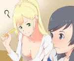 ? alternate_hair_style alternate_hairstyle big_breasts blonde blonde_hair blush braids breasts clothed clothed_female clothed_male confused desk green_eyes grey_eyes hanging_breasts lillie lillie_(pokemon) long_hair nervous no_bra non_nude pencil pikachu pokemon pokemon_(game) pokemon_sm sun_(pokemon) sun_(trainer)