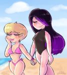  2_girls beach bikini blonde_hair blue_eyes blush female_only goth juleka_couffaine long_hair miraculous_ladybug multicolored_hair multiple_girls princesscallyie red_eyes rose_lavillant short_hair shy side-tie_bikini smile swimsuit 