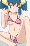 alternate_hair_style alternate_hairstyle bathing_suit bikini blush dawn dawn_(pokemon) hikari_(pokemon) looking_at_viewer pink_bikini pokemon pokemon_(anime) pokemon_dppt pussy small_breasts smile wink