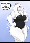  1girl anthro anthro_only blue_background blush boss_monster breasts caprine clothing english_text female female_anthro female_only fur furry furry_female furry_only goat gradient_background horn horns manart slightly_chubby solo solo_female swimsuit text thick_thighs toriel undertale undertale_(series) video_games white_fur wide_hips 