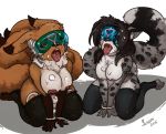 anthro big_breasts black_hair bottomless breasts brown_hair cat_girl cheetah_girl cum cum_on_body cum_on_face female_only femsub fluxom fox_girl furry handcuffs heart kneel non-human_feet open_mouth original renamon short_hair snow_leopard_girl stockings tail tech_control tongue tongue_out topless visor