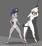  1girl 2016 anthro antira arms_above_head baton blink breasts caprine chained dawn_bellwether disney duo eyewear female/female furry gif glasses green_eyes half-closed_eyes hand_on_hip hat hitting judy_hopps lagomorph long_ears looking_back mammal police_hat purple_eyes pussy rabbit rear_view restrained sheep sideboob smile spread_legs spreading unprofessional_behavior zootopia 