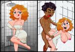  1boy 1girl ass breasts closed_eyes dark-skinned_male dark_skin disney disney_channel disney_xd eyebrows eyelashes ferozyraptor holding_arms melissa_chase milo_murphy&#039;s_law nipples open_eyes open_mouth penis penis_in_pussy pink_nipples pussy shower tongue tongue_out towel wet wet_body zack_underwood 