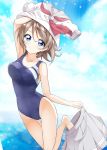 1girl absurdres blue_eyes breasts brown_hair grey_skirt highres looking_at_viewer love_live! love_live!_sunshine!! medium_breasts nanakusa_(user_rnpt7322) one-piece_swimsuit school_uniform serafuku short_hair skirt skirt_removed smile solo swimsuit undressing watanabe_you