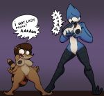 1girl 2017 anthro areola avian beak bird blue_feathers blue_jay breasts brown_fur cartoon_network corvid crossgender english_text feathers fur furry mammal mordecai_(regular_show) nipples open_mouth pussy raccoon regular_show rigby_(regular_show) teeth text thingshappen tongue