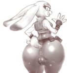 1girl anthro anus ass belt big_ass clothed clothing disney furry hoihoi huge_ass judy_hopps lagomorph looking_back mammal pussy rabbit simple_background tight_clothing uniform white_background wide_hips zootopia