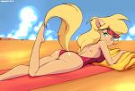 ass bed big_breasts blonde_hair breasts callie_briggs cat_ears cat_tail female female_only green_eyes humanoid large_ass looking_at_viewer on_stomach one-piece_swimsuit pepipopo round_ass smile solo sunbathing swat_kats swimsuit tail