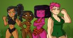  4girls abs afro alien black_eyes black_hair blue_eyes breasts cartoon_network cleavage crossover garnet garnet_(steven_universe) green_eyes jasmine jasmine_(total_drama_pahkitew_island) korra long_hair muscle overwatch pink_hair ponytail princesscallyie purple_eyes purple_skin red_eyes shiny shiny_skin smile steven_universe the_legend_of_korra total_drama_island zarya 