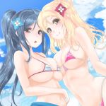  2girls bikini blonde_hair blue_hair blush breast_press breasts cloud day flower frapowa front-tie_top hair_flower hair_ornament hair_rings large_breasts long_hair looking_at_viewer love_live! love_live!_sunshine!! matsuura_kanan micro_bikini multiple_girls navel ohara_mari open_mouth pink_bikini ponytail purple_eyes short_hair sky striped striped_bikini swimsuit symmetrical_docking twitter yellow_eyes 