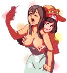  2girls :d ;o arm arms art babe bare_arms bare_shoulders big_breasts black_hair breast_grab breasts brown_eyes brown_hair cellphone cleavage collarbone dress dress_grab formal from_behind grabbing grabbing_from_behind hat long_hair looking_to_the_side love moaning moon_(pokemon) moon_(trainer) multiple_girls naughty_face neck nintendo nipple_tweak nipples npc_trainer open_mouth pervert pokemon pokemon_(game) pokemon_sm porkyman purple_eyes round_teeth saliva selfie shirt short_hair sightseer smile strapless strapless_dress teeth upper_body yuri 