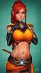 1girl areolae artist_name big_breasts braid breast_suppress breasts cassie_(paladins) female_only freckles green_eyes long_braid long_hair looking_at_viewer midriff mirco_cabbia paladins red_hair redhead sciamano240 signature simple_background smile standing tagme