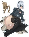  1girl amazon_(company) ass blindfold boots cleavage_cutout gloves high_res mole mole_under_mouth nier:_automata nier_(series) panties panzer pod_(nier) robot silver_hair skirt stockings thigh_high_boots underwear yorha_no._2_type_b 