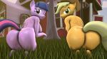 3d_(artwork) anthro applejack applejack_(mlp) ass_focus cutie_mark earth_pony equid equine friendship_is_magic green_eyes hasbro horse huge_ass mammal my_little_pony pink_eyes pink_mane pink_tail purple_body purple_fur sfm shiny superstreamteam twilight_sparkle twilight_sparkle_(mlp) two-tone_hair unicorn video_games yellow_body yellow_fur yellow_tail