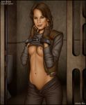 1girl breasts female female_only jyn_erso no_underwear partially_clothed rogue_one:_a_star_wars_story shabby_blue shackles shirt_lift solo star_wars unbuttoned_pants