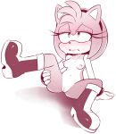 1girl 1girl amy_rose anthro blush boots breasts clenched_teeth clothing eyelashes footwear furry gloves hair hairband half-closed_eyes hearlesssoul hedgehog mammal monochrome navel nipples pussy raised_leg sega simple_background sitting spreading sweat teeth