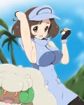  1girl ace_trainer_(pokemon) armpits arms_up bea_(adfhbcf4326) blush breasts brown_hair collared_shirt covered_navel day fingerless_gloves gloves highres large_breasts no_bra npc npc_trainer open_mouth outdoors palm_tree poke_ball pokemon pokemon_(creature) pokemon_(game) pokemon_sm shirt short_hair sideboob sleeveless sleeveless_shirt solo tree ultra_ball visor_cap whimsicott 