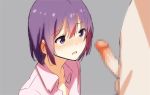  1girl animated_gif ball_sucking black_eyes blush censored closed_eyes fellatio gif hetero highres lick licking licking_penis lowres oral original out_of_frame penis purple_hair saitou_masatsugu shirt short_hair solo_focus sucking_testicles tongue 