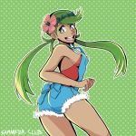 1girl :d artist_name ass breasts creatures_(company) dark-skinned_female dark_skin denim flower from_behind game_freak green_eyes green_hair hair_flower hair_ornament humans_of_pokemon long_hair looking_at_viewer looking_back mallow_(pokemon) mao_(pokemon) medium_breasts nintendo open_mouth pocket pokemon pokemon_(anime) pokemon_(game) pokemon_sm pokemon_sun_&_moon ponytail samanator_club sideboob smile solo trial_captain twintails