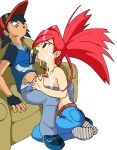 1boy 1girl ash_ketchum asuna_(pokemon) belly belt black_hair breast_grab breasts cum cum_in_hair cum_on_breasts cum_on_face erection facial flannery gloves hetero holding human long_hair navel nintendo nipples open_mouth paizuri pants penis penis_out pokemon pokemon_(anime) pokemon_rse ponytail red_eyes red_hair satoshi_(pokemon) shirt shoes short_hair sitting topless trainer_(artist)