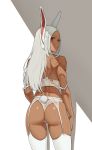 1girl animal_ears ass back bare_back bra bunny_ears bunny_tail corset dark-skinned_female dark_skin from_behind garter_belt garter_straps high_resolution japanese jason_kim jasonkim lingerie long_hair looking_at_viewer looking_back mirko my_hero_academia panties parted_lips rabbit_girl red_eyes shadow slit_pupils stockings tail tanned thighs thong toned topless underwear underwear_only undressing usagiyama_rumi very_long_hair white_bra white_hair white_legwear white_panties white_underwear