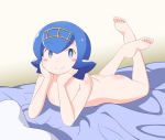 bed bed_sheet bedroom blanket blush lana looking_at_viewer on_stomach pillow pokemon_sm smile suiren_(pokemon)