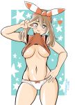 1girl areolae arm_up artist_name blue_eyes blush bow_panties breasts breasts_apart bright_pupils brown_hair cameltoe hair_ribbon hand_on_hip haruka_(pokemon) haruka_(pokemon)_(remake) heart hips looking_at_viewer may medium_breasts midriff mouth_hold navel no_pants panties pokemon pokemon_(game) pokemon_oras pokemon_rse ribbon samanator_club shirt shirt_lift signature sleeveless sleeveless_shirt smile solo stomach underboob underwear v v_over_eye