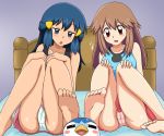 2girls ass barefoot blue_(pokemon) blue_eyes blue_hair blush brown_eyes brown_hair dawn hikari_(pokemon) knees_to_chest knees_together_feet_apart kuro_hopper multiple_girls panties pantyshot pantyshot_(sitting) pink_panties piplup pokemon pokemon_(creature) sitting underwear white_panties