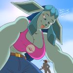 1girl anthro big_breasts blue_eyes breasts caprine eeveelution furry glaceon goat male mammal nintendo pokémon simple_background sky tongue tongue_out video_games zp92