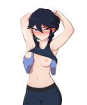  1girl 1girl 1girl annoyed armpits arms_behind_head black_hair blue_eyes blush breast_grab breasts disembodied disembodied_hand disembodied_limb grabbing groping high_resolution kill_la_kill looking_at_viewer matoi_ryuuko medium_breasts multicolored_hair nipples no_bra pants pudgeruffian red_hair scrunchie short_hair sleeveless streaked_hair sweat tank_top very_high_resolution white_background yoga_pants 